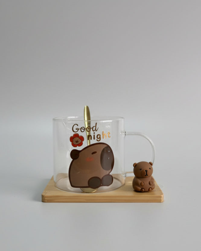 KIT CANECA CAPIVARA COM COLHER E BASE DE MADEIRA